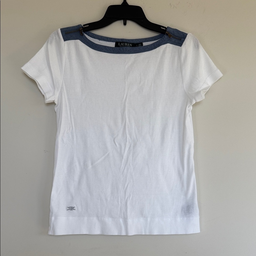 Lauren Ralph Lauren White Tee with Blue Trim - Picture 1 of 7